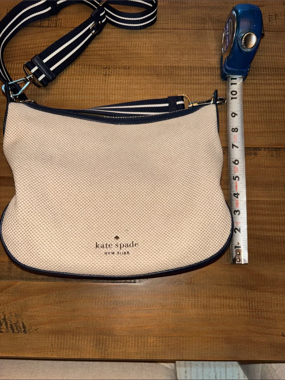 kate spade Cream Canvas Crossbody with Navy Trim and Striped Strap EUC!